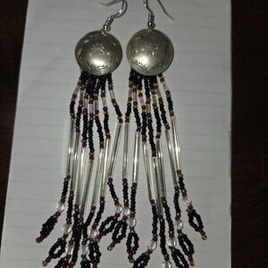 Southwestern Silver and Black Beaded Dangle Earrings